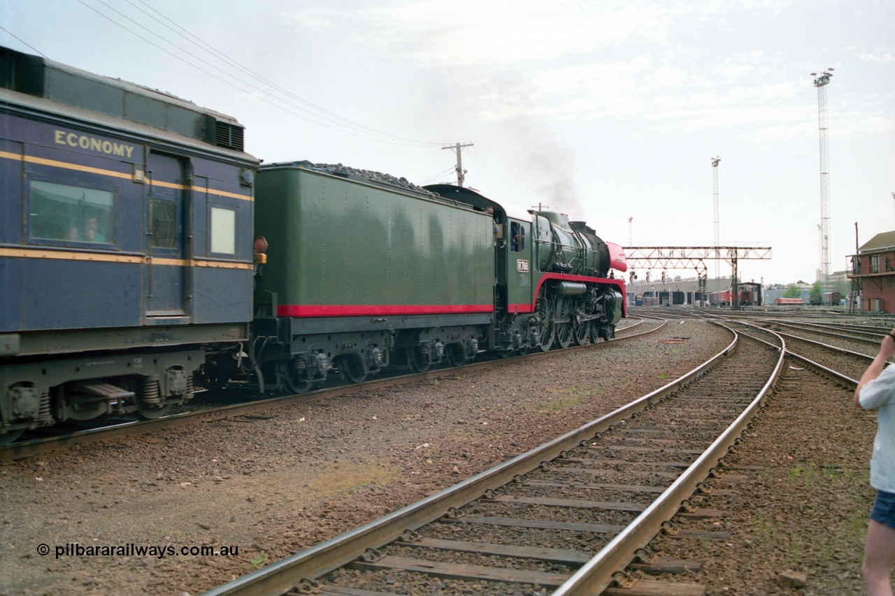 162-1-22
Spencer Street Station, broad gauge Steamrail R class R 766 North British Locomotive Company, Glasgow, Scotland model Hudson serial 27056 departs platform 4 with a down steam hauled passenger train during the PTC open Day, trailing view.
Keywords: R-class;R766;North-British-Locomotive-Company;Hudson;27056;