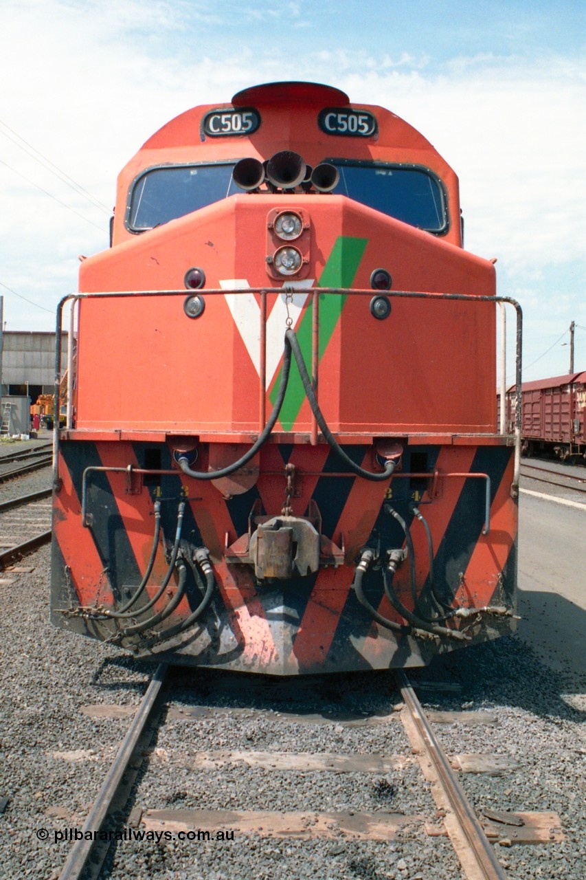 162-1-24
South Dynon Motive Power Depot, broad gauge V/Line C class C 505 Clyde Engineering EMD model GT26C serial 76-828, at the PTC Open Day, cab front view.
Keywords: C-class;C505;Clyde-Engineering-Rosewater-SA;EMD;GT26C;76-828;