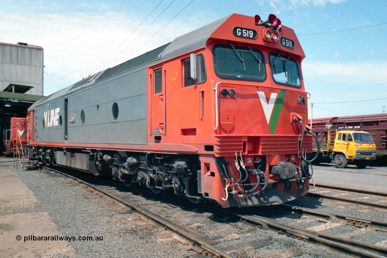 162-1-25
South Dynon Motive Power Depot, broad gauge V/Line G class G 519 Clyde Engineering EMD model JT26C-2SS serial 85-1232 at the PTC Open Day.
Keywords: G-class;G519;Clyde-Engineering-Rosewater-SA;EMD;JT26C-2SS;85-1232;