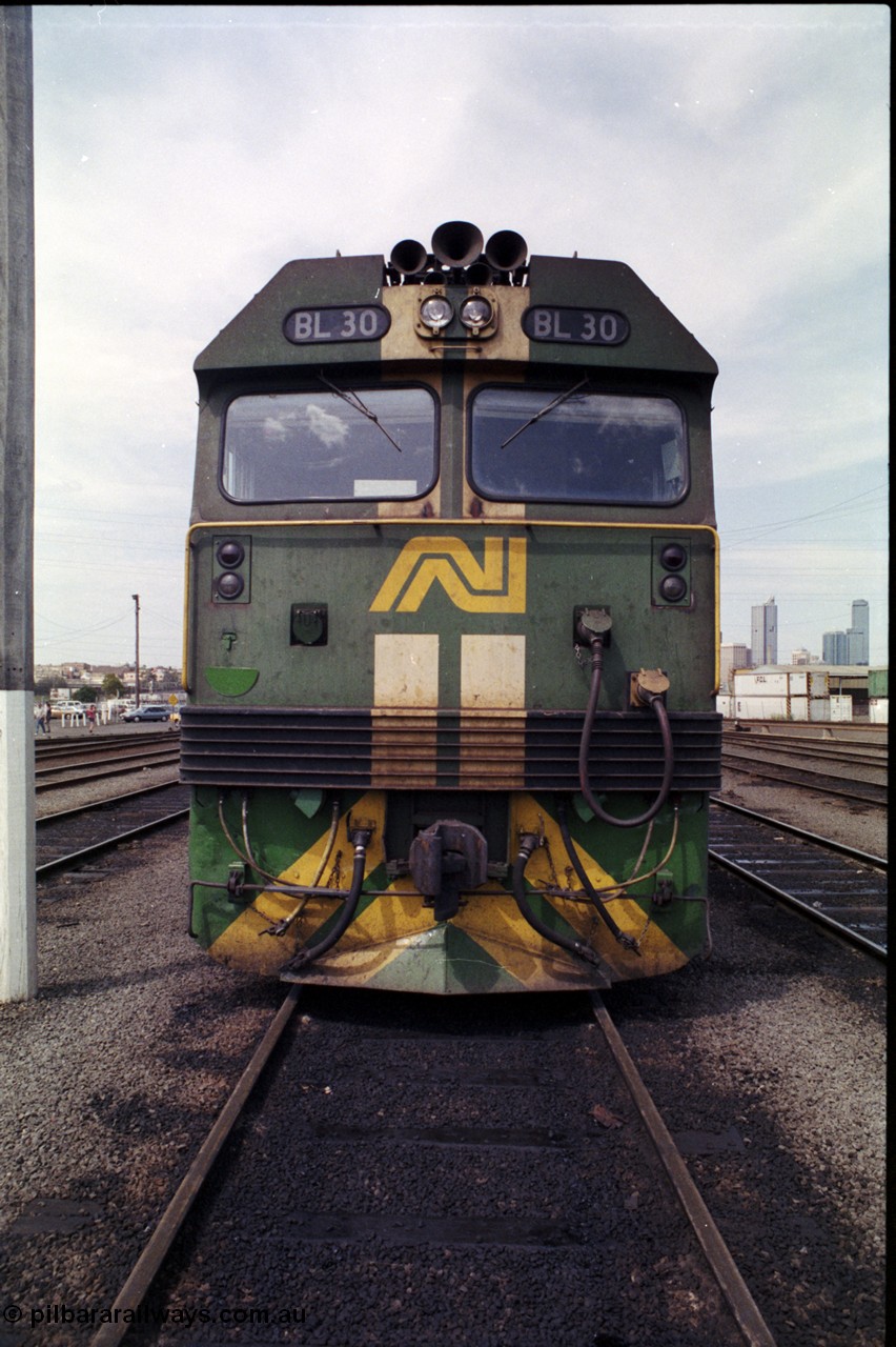162-2-20
South Dynon Motive Power Depot, broad gauge Australian National diesel electric locomotive of the BL class BL 30 Clyde Engineering EMD model JT26C-2SS serial 83-1014, cab front view, PTC Open Day.
Keywords: BL-class;BL30;Clyde-Engineering-Rosewater-SA;EMD;JT26C-2SS;83-1014;