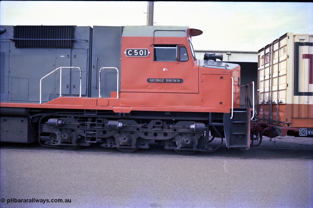 162-3-06
Melbourne Yard, broad gauge V/Line 3,000 horsepower diesel electric locomotive C class C 501 'George Brown' Clyde Engineering EMD model GT26C serial 76-824 cab side view, bogie, steps and name and number plate locations, at the PTC Open Day.
Keywords: C-class;C501;Clyde-Engineering-Rosewater-SA;EMD;GT26C;76-824;