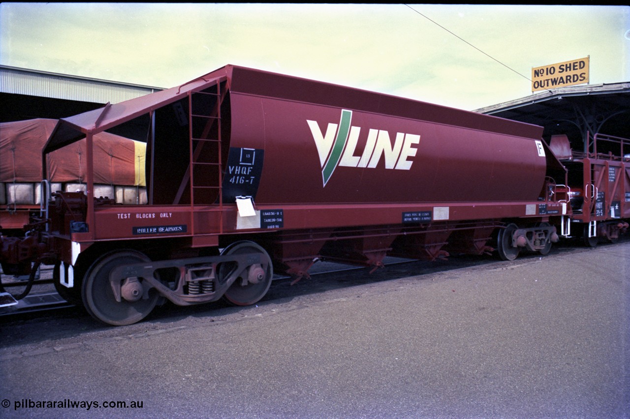 162-3-10
Melbourne Yard, V/Line broad gauge VHQF type bogie quarry products waggon VHQF 416, built at a JQF type bogie quarry products popper at Ballarat North Workshops in March 1977, at No.10 Goods Shed, PTC Open Day.
Keywords: VHQF-type;VHQF416;Victorian-Railways-Ballarat-Nth-WS;JQF-type;