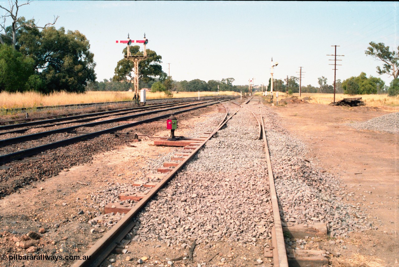 163-20
Avenal station yard looking south along No.3 Road, with Siding A and new points and indicator to mainline, this used to be a double compound point, semaphore signal post 6 for up trains and down facing signals still intact, standard gauge line is at the far left, the three disc signals in the distance, 3, 4 and 5 control movements along Siding A and the grade crossing.
