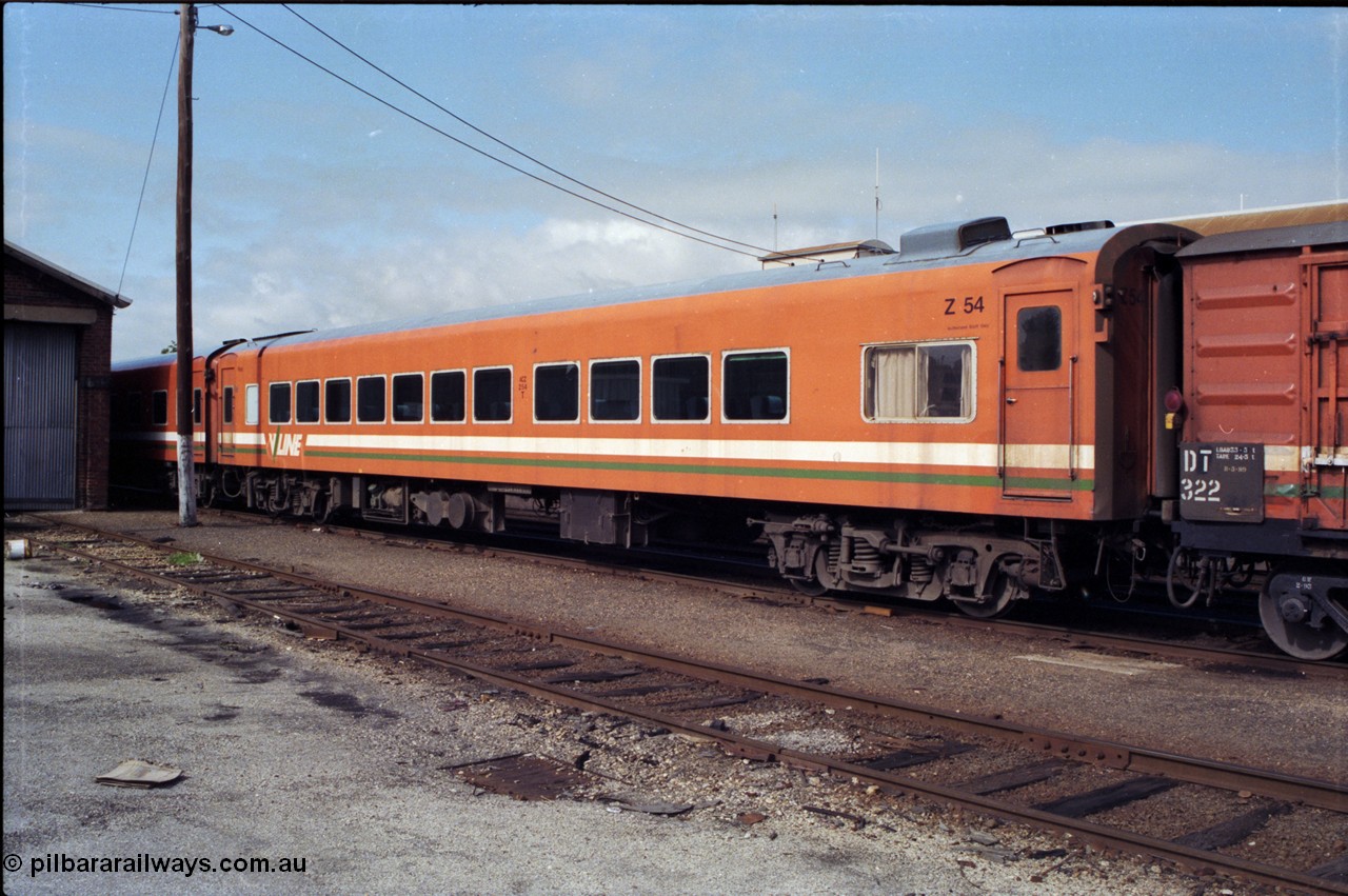 165-02
Wodonga, stabled V/Line broad gauge ACZ class bogie passenger carriage ACZ 254 part of Z set Z 54, built by Newport Workshops in November 1957 as AZ class AZ 4.
Keywords: ACZ-class;ACZ254;Victorian-Railways-Newport-WS;AZ-class;AZ4