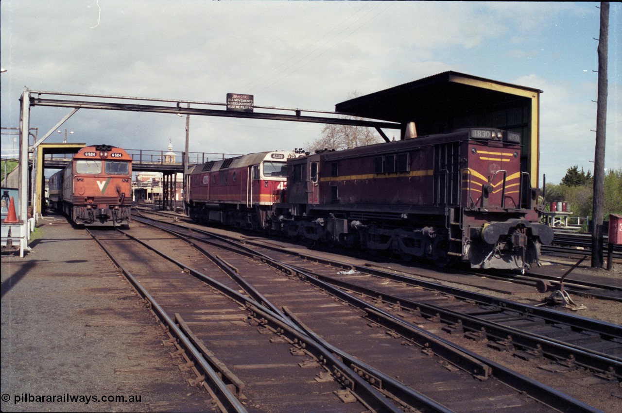 165-13
Albury loco depot fuel point overview with several liveries of NSWSRA on display and a V/Line G class G 524 Clyde Engineering EMD model JT26C-2SS serial 86-1237 with NSWSRA 81 class 8175 Clyde Engineering EMD model JT26C-2SS serial 85-1094 with NSWSRA 422 class 42219 Clyde Engineering EMD model J26C serial 69-674 and 48 class 4830 AE Goodwin ALCo model DL531 serial 83825.
Keywords: 48-class;4830;AE-Goodwin;ALCo;RSD-8;DL-531;83825;