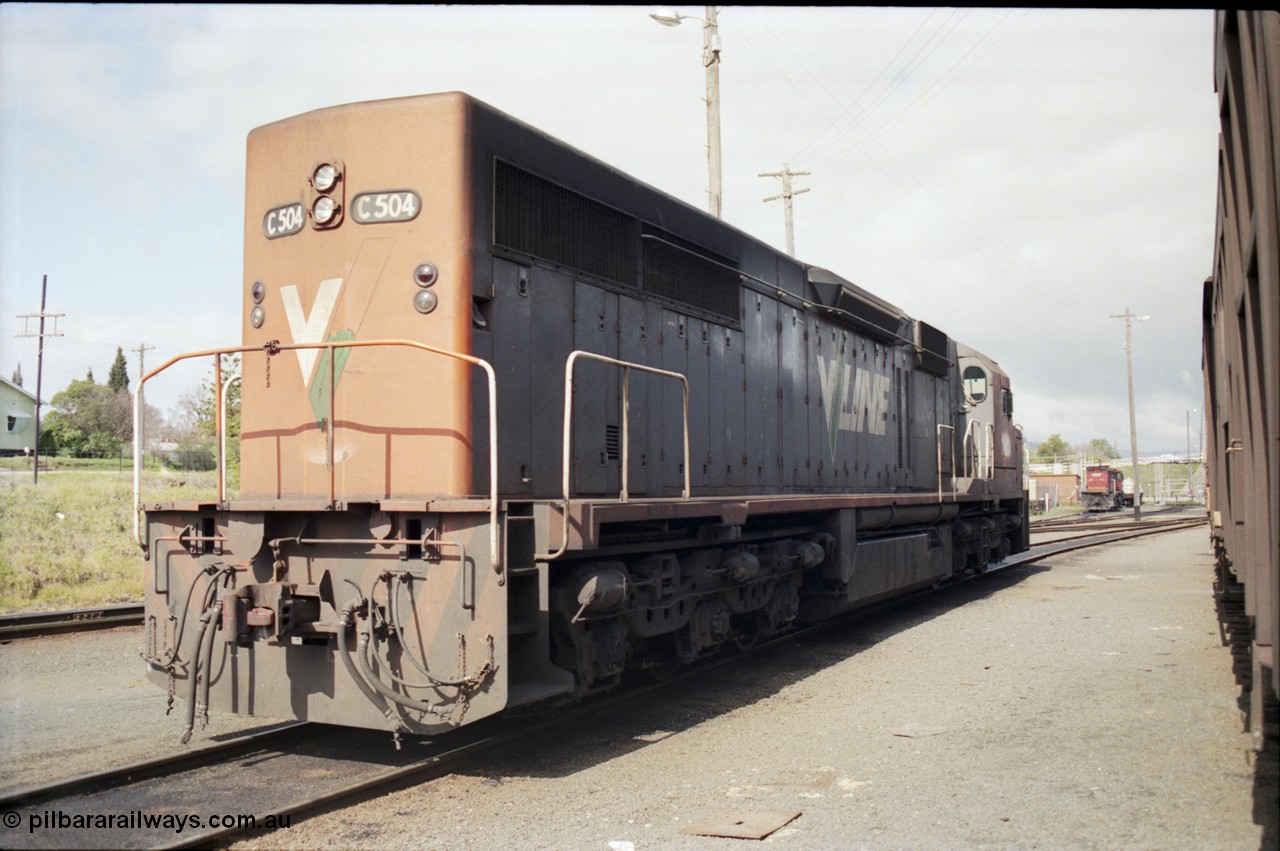 165-16
Albury loco depot, standard gauge V/Line C class locomotive C 504 Clyde Engineering EMD model GT26C serial 76-827, trailing view.
Keywords: C-class;C504;Clyde-Engineering-Rosewater-SA;EMD;GT26C;76-827;