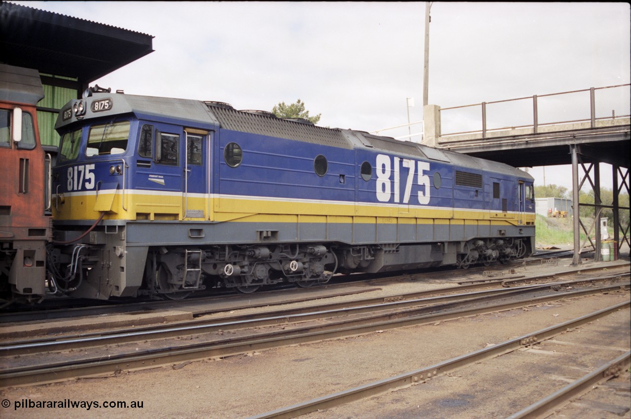 165-22
Albury loco depot fuel point, NSWSRA standard gauge 81 class loco 8175 Clyde Engineering EMD model JT26C-2SS serial 85-1094 in the new Freight Rail 'Stealth' livery.
Keywords: 81-class;8175;Clyde-Engineering-Kelso-NSW;EMD;JT26C-2SS;85-1094;