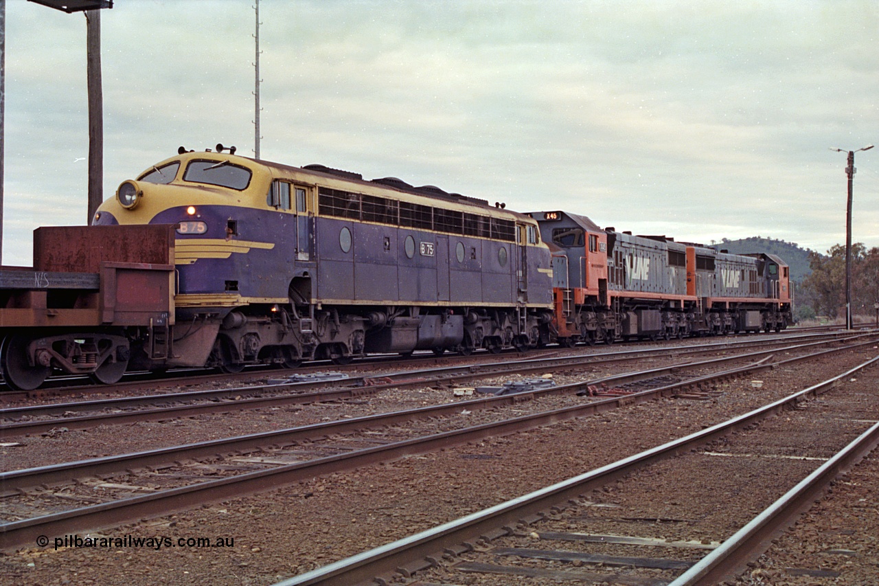166-11
Albury South Yard, V/Line broad gauge up Long Island slab steel train 9334 awaits departure time behind the lash-up of X classes X 46 and X 45 'Edgar H Brownbill' Clyde Engineering EMD models G26C serials 75-793 and 75-792 with veteran B class Bulldog B 75 Clyde Engineering EMD model ML2 serial ML2-16.
Keywords: B-class;B75;Clyde-Engineering-Granville-NSW;EMD;ML2;ML2-16;bulldog;
