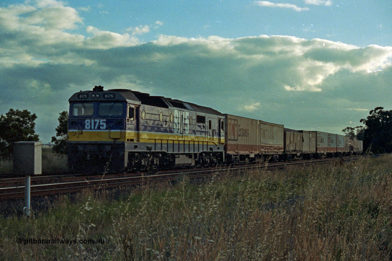167-05
Wallan Loop, north end, standard gauge NSWSRA 81 class loco 8175 Clyde Engineering EMD model JT26C-2SS serial 85-1094 holds the loop awaiting a cross with the south bound Inter-Capital Daylight. 8175 is wearing the new Freight Rail 'Stealth' livery.
Keywords: 81-class;8175;Clyde-Engineering-Kelso-NSW;EMD;JT26C-2SS;85-1094;