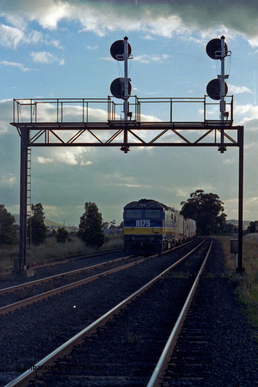167-06
Wallan Loop, north end, standard gauge NSWSRA 81 class loco 8175 Clyde Engineering EMD model JT26C-2SS serial 85-1094 holds the loop awaiting a cross with the south bound Inter-Capital Daylight. 8175 is wearing the new Freight Rail 'Stealth' livery, side view.
Keywords: 81-class;8175;Clyde-Engineering-Kelso-NSW;EMD;JT26C-2SS;85-1094;