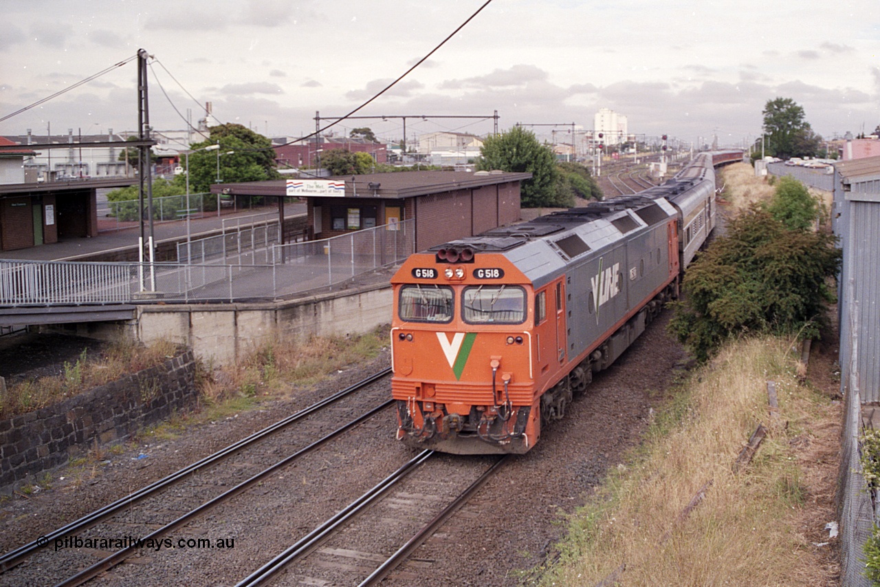 168-22
West Footscray, looking west toward Tottenham at broad gauge separation junction, V/Line standard gauge G class locomotive G 518 Clyde Engineering EMD model JT26C-2SS serial 85-1231 leads the up Melbourne Express passenger service from Sydney.
Keywords: G-class;G518;Clyde-Engineering-Rosewater-SA;EMD;JT26C-2SS;85-1231;