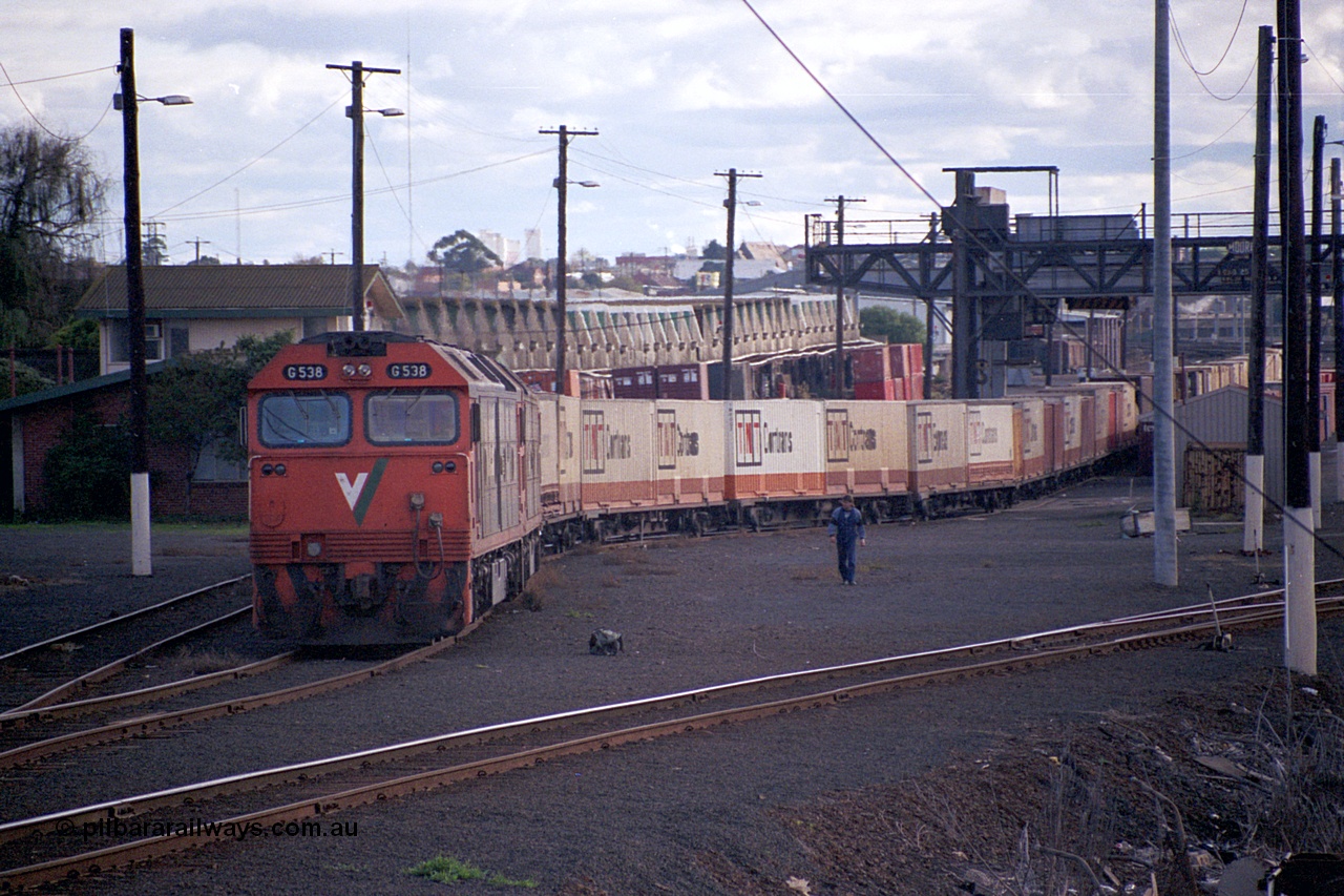 169-03
North Dynon, V/Line broad gauge G class locos G 538 Clyde Engineering EMD model JT26C-2SS serial 89-1271 and a sister have just arrived with 9150 up goods train from Adelaide, second person walking back to loco.
Keywords: G-class;G538;Clyde-Engineering-Somerton-Victoria;EMD;JT26C-2SS;89-1271;