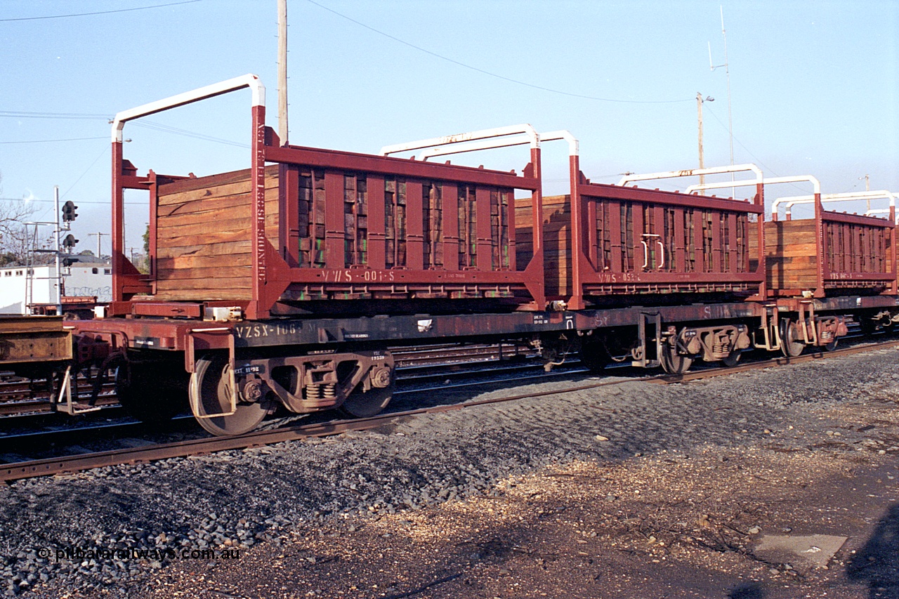 169-36
Seymour, V/Line broad gauge VZSX type bogie sleeper container transport waggon VZSX 106 with loaded VWS type sleeper containers VWS 001 and VWS 053. VZSX should be converted from Bendigo Workshops May 1963 build of VLF / VLX type louvre vans, recoded to VLCX in 1979. No details of the mods to VZSX.
Keywords: VZSX-type;VZSX106;VLF-type;VLX-type;VLCX-type;