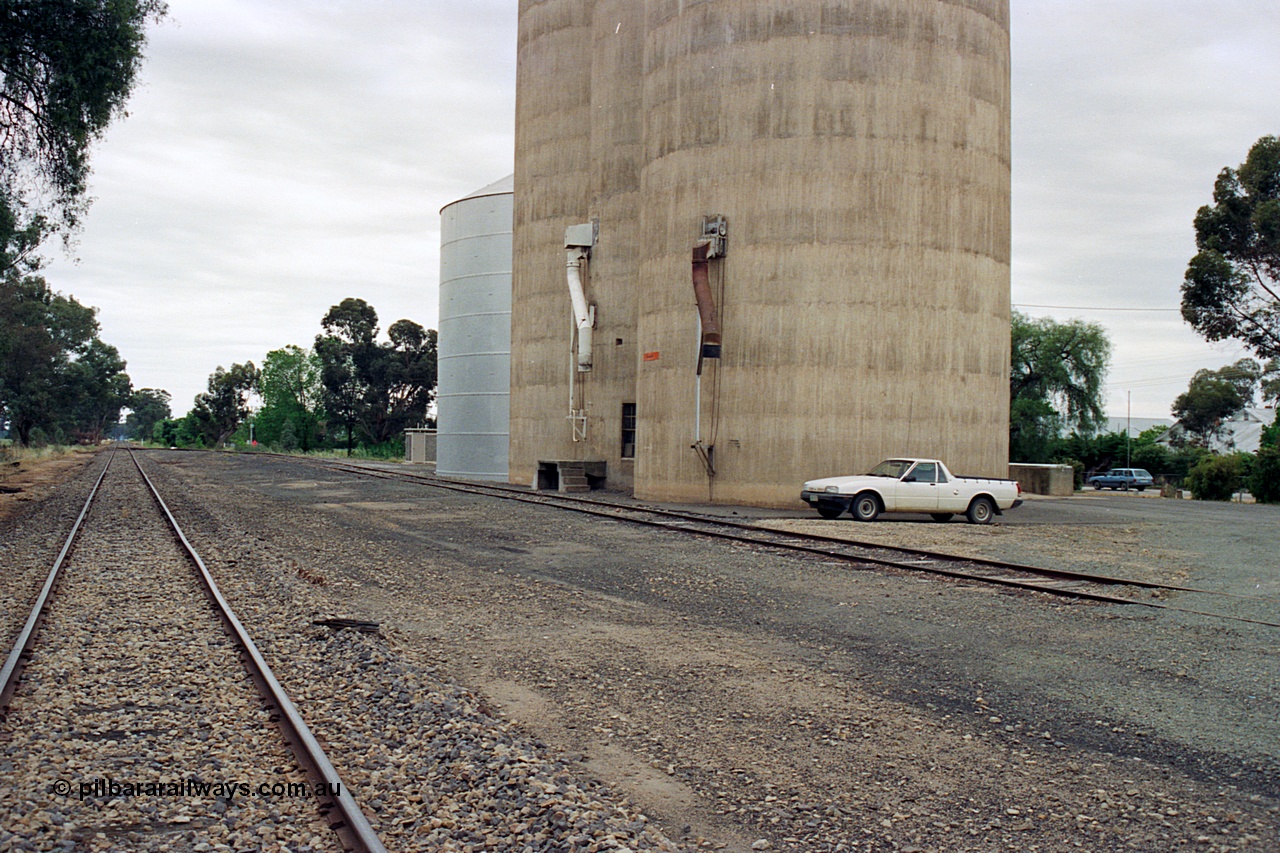 170-13
Devenish yard overview looking towards Oaklands, Williamstown style silo complex with steel annex, load-out spouts, 1988 Ford XF Falcon ute.
