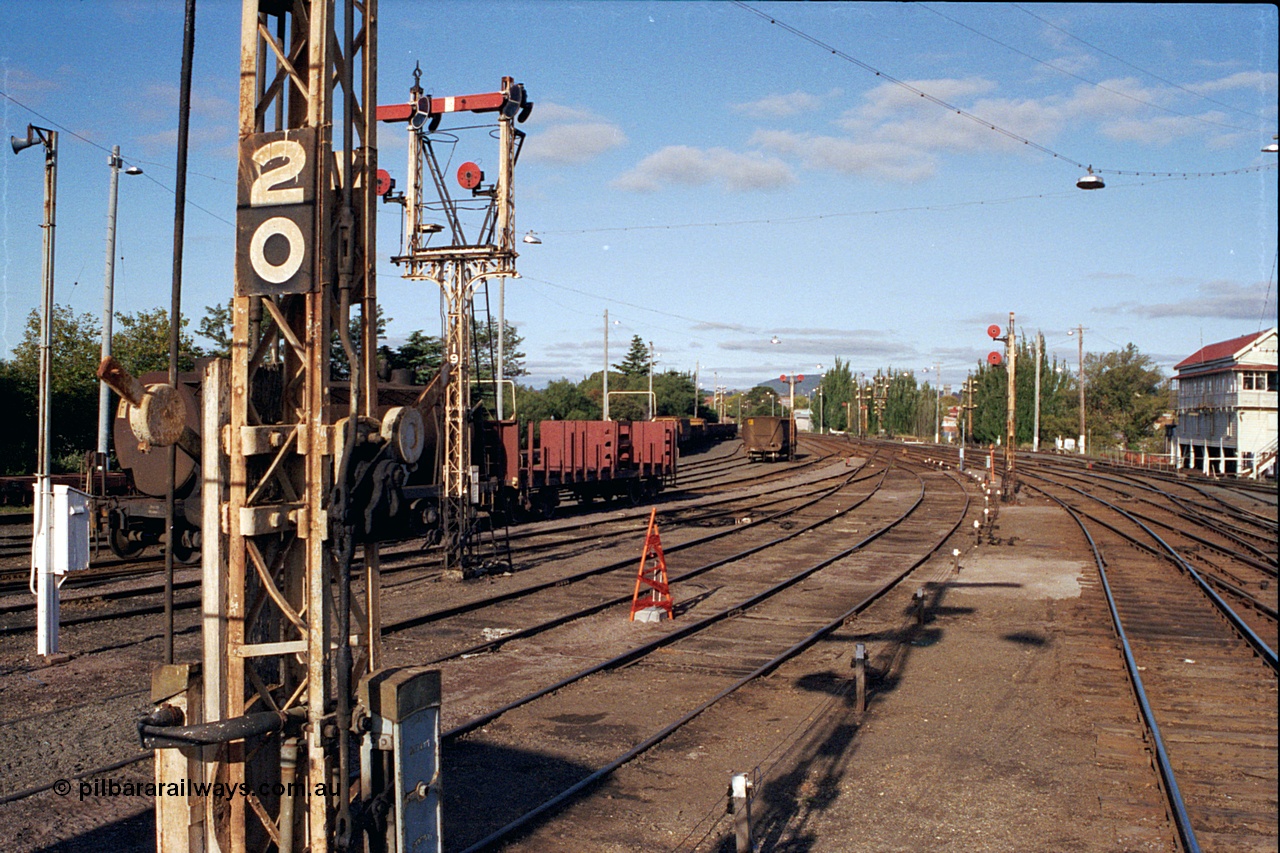 171-21
Ballarat station yard overview, A signal box on right, looking towards Melbourne, semaphore signals and discs, yard about to be rationalised and electric colour light signals installed.
