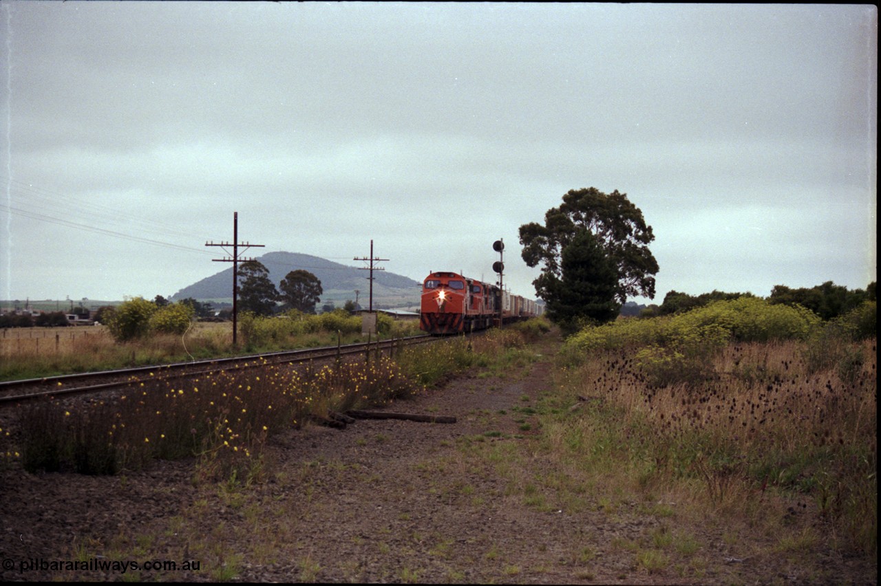 172-12
Bungaree Loop, broad gauge V/Line C classes C 502 Clyde Engineering EMD model GT26C serial 76-825, C 506 serial 76-829 and C 509 serial 76-832, up Adelaide goods train 9150.
Keywords: C-class;C502;Clyde-Engineering-Rosewater-SA;EMD;GT26C;76-825;