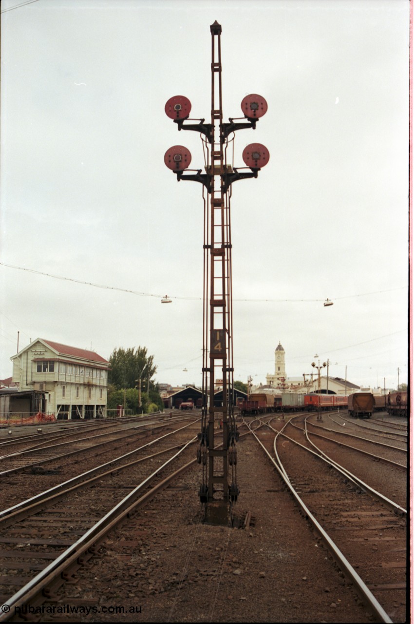 172-15
Ballarat yard view, disc signal post 14, looking towards station, Ballarat A signal box at left.
