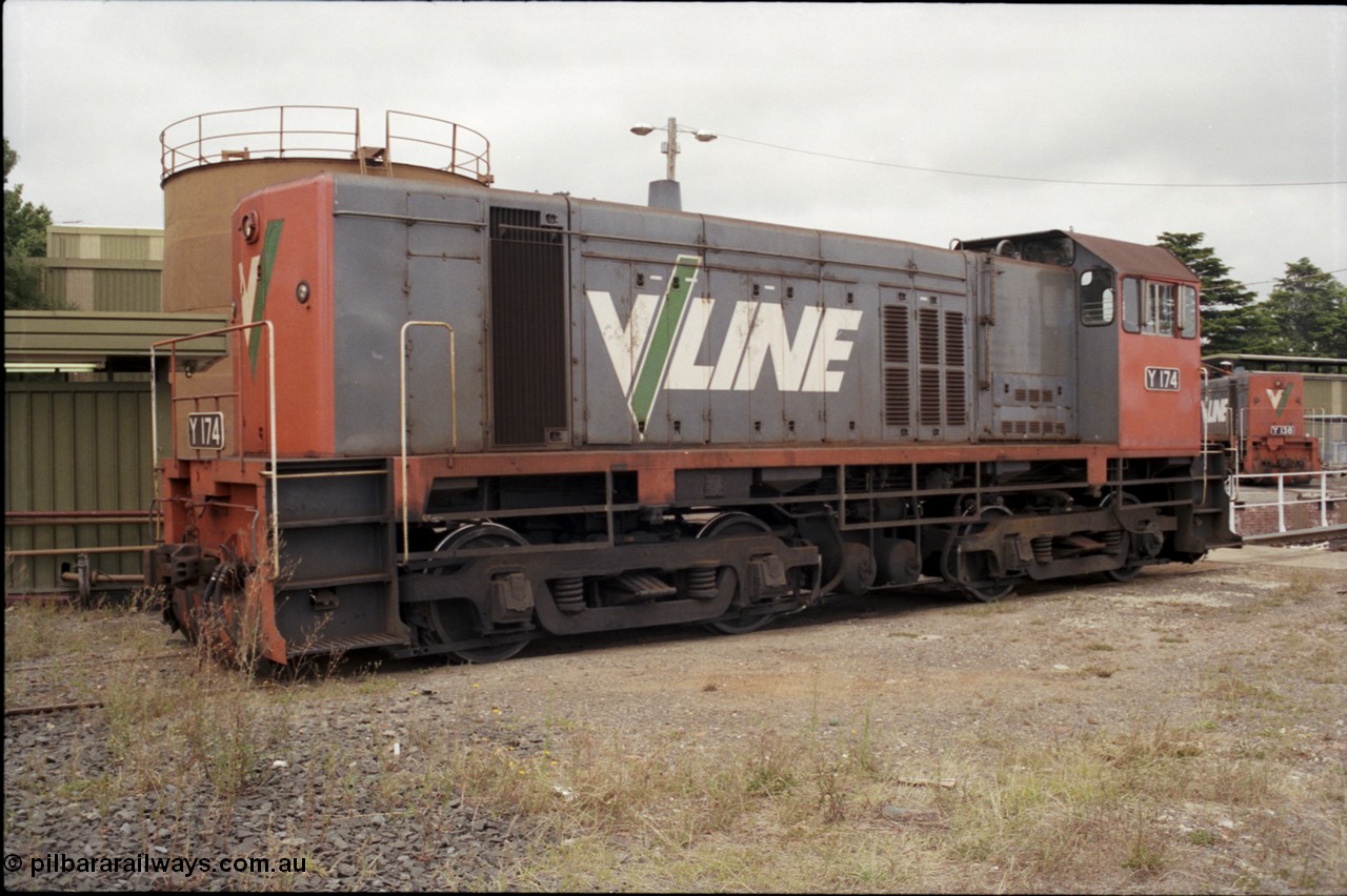 172-26
Ballarat East loco depot, V/Line broad gauge Y class Y 174 Clyde Engineering EMD model G6B serial 68-594.
Keywords: Y-class;Y174;Clyde-Engineering-Granville-NSW;EMD;G6B;68-594;