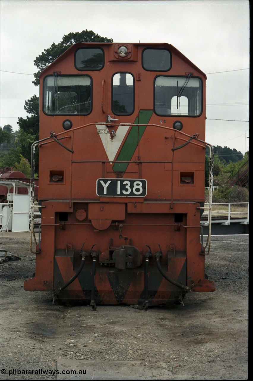 172-29
Ballarat East loco depot, turntable radial roads, V/Line broad gauge Y class Y 138 Clyde Engineering EMD model G6B serial 65-404, cab front shot.
Keywords: Y-class;Y138;Clyde-Engineering-Granville-NSW;EMD;G6B;65-404;