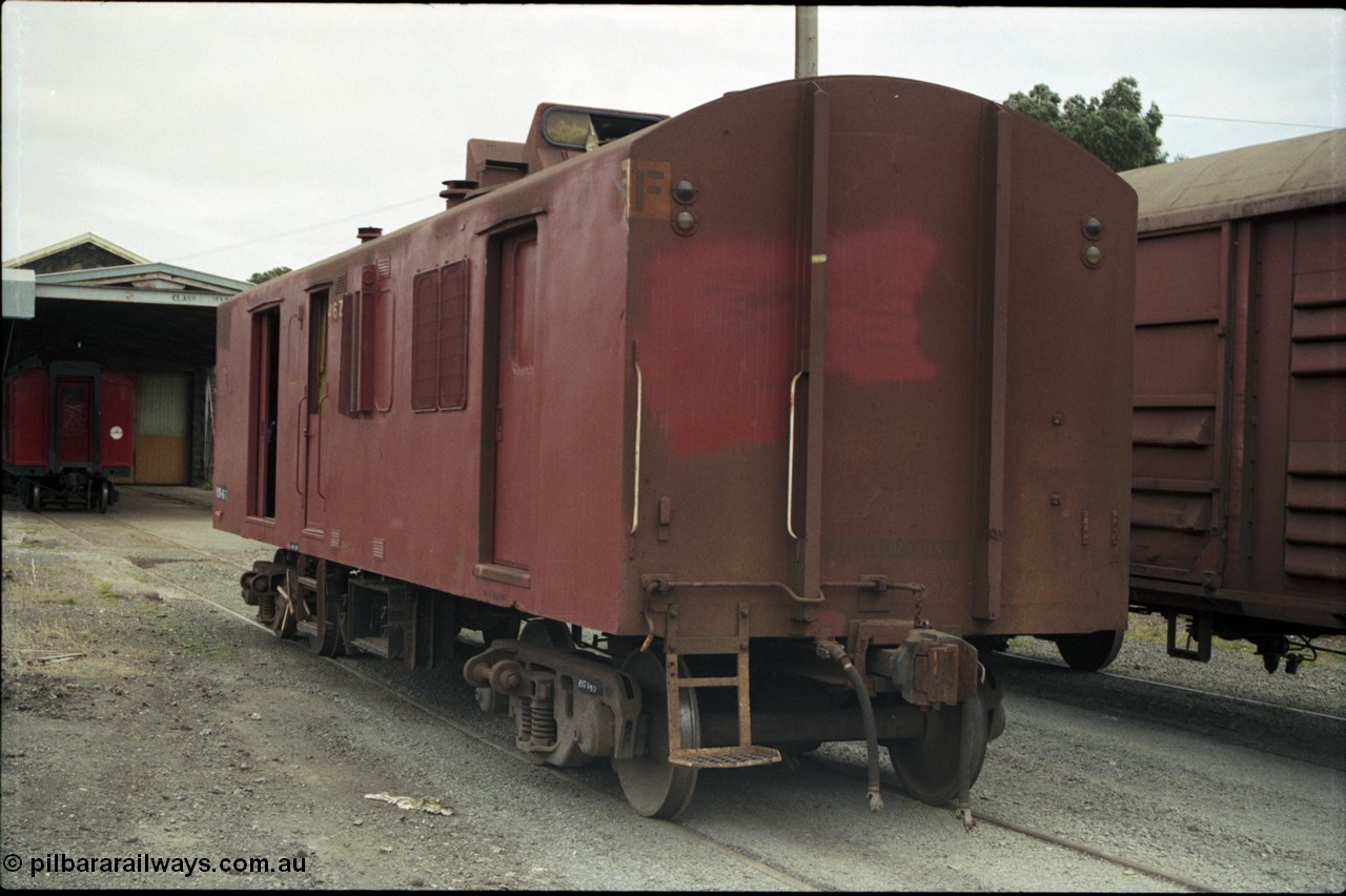 172-34
Ballarat East loco depot, Victorian Railways broad gauge ZF type bogie guards van ZF 46, built by Bendigo Workshops April 1973, one of a batch of thirty five.
Keywords: ZF-van;ZF46;Victorian-Railways-Bendigo-WS;