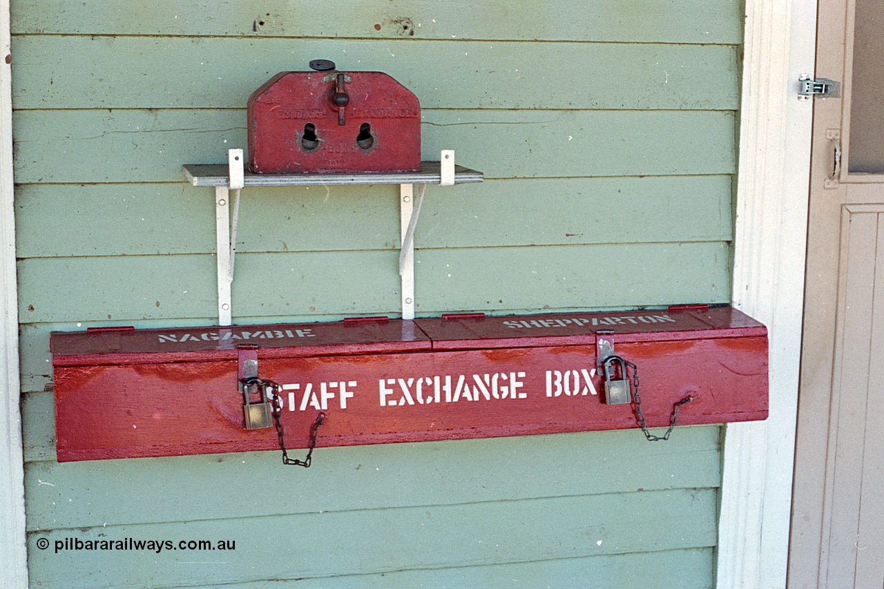 173-11
Murchison East, station platform, staff exchange box and staff storage box for when station is unattended, fitted to the side of the station building.
