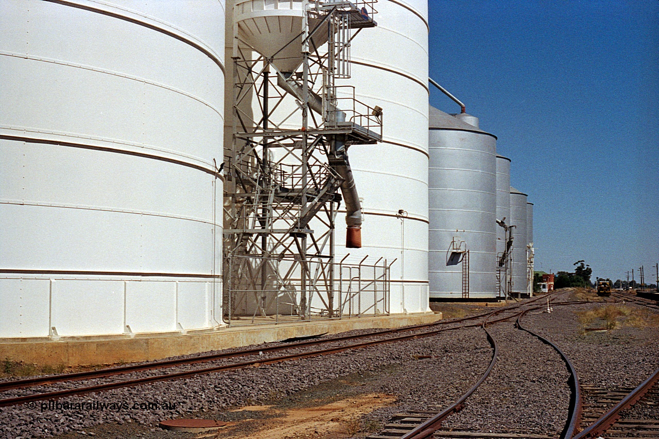 173-17
Murchison East, yard view looking south, Ascom Jumbo style silos complex with train load-out spout and surge bin, then Ascom and Murphy style complexes to the right, Railway Hotel and track machines just visible in the distance.
