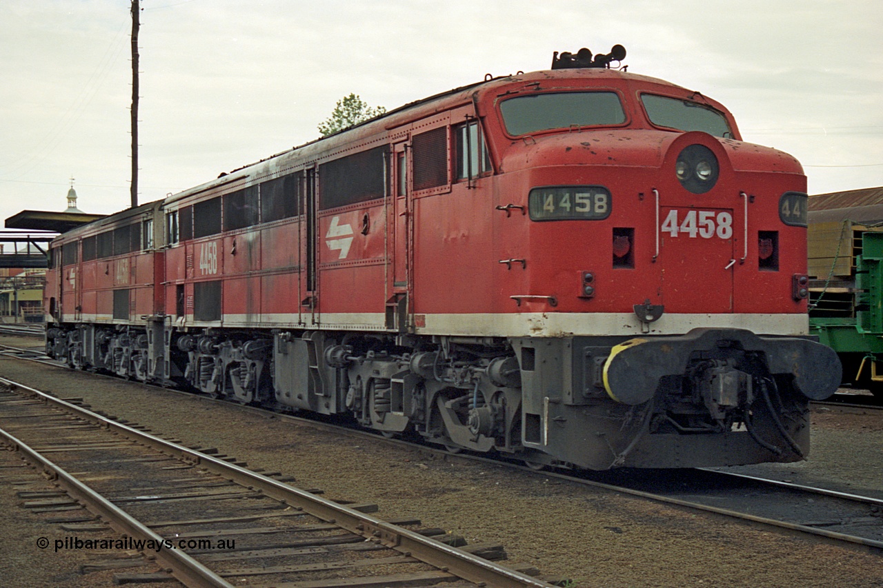 174-12
Albury loco depot, fuel point area, NSWSRA standard gauge 44 class locomotives in Red Terror livery 4458 AE Goodwin ALCo model DL500B serial 83748 and 4456 AE Goodwin ALCo model DL500B serial 83746.
Keywords: 44-class;4458;AE-Goodwin;ALCo;DL500B;83748;