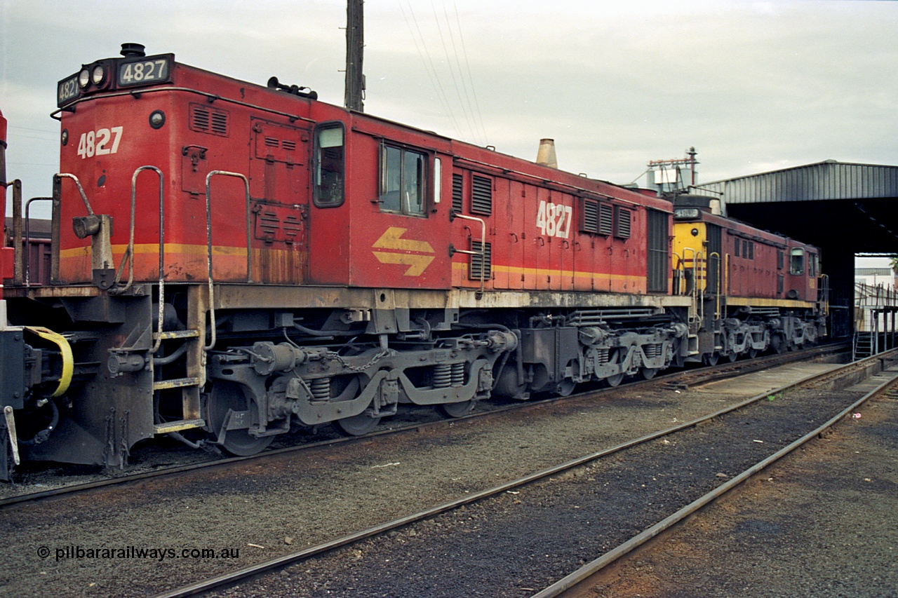 174-13
Albury loco depot, fuel point area, NSWSRA standard gauge 48 class locomotives in Candy livery 4827 AE Goodwin ALCo model DL531 serial 83822 and Tuscan liveried 4803 AE Goodwin ALCo model DL531 serial 83703.
Keywords: 48-class;4827;AE-Goodwin;ALCo;DL531;838222;