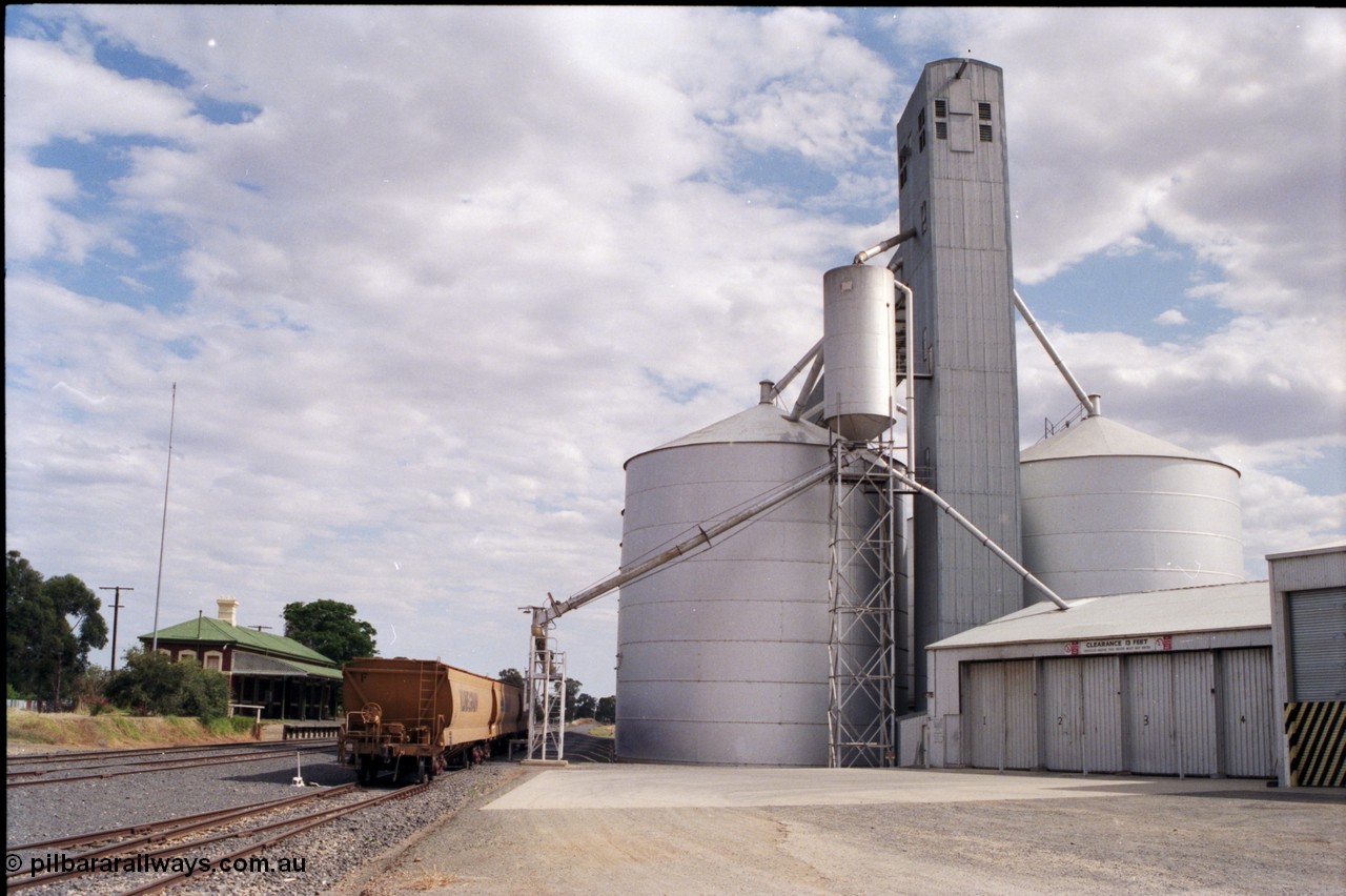 176-01
Yarrawonga, yard view with Grain Elevators Board sub-terminal Ascom style silo complex, surge hopper and train load-out spout, V/Line Grain broad gauge VHGF class bogie grain waggons, station building and platform at left, looking south.
