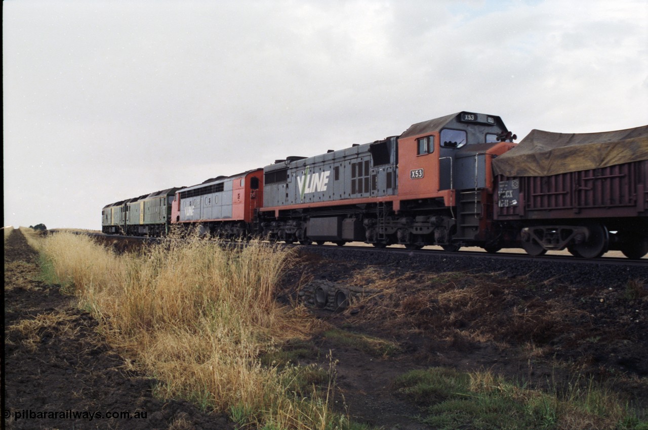 178-10
Tatyoon, down V/Line broad gauge goods train to Adelaide 9169 power towards Ararat with the quad combo of a pair of Australian National BL class locomotives BL 27 Clyde Engineering EMD model JT26C-2SS serial 83-1011 and class leader BL 26 'Bob Hawke' serial 83-1010 and V/Line S class S 313 'Alfred Deakin' Clyde Engineering EMD model A7 serial 61-230 and V/Line X class loco X 53 with serial 75-800 a Clyde Engineering Rosewater SA built EMD model G26C, BL 27 had Paul Keating drawn on the LHS cab as it was just after he'd taken the Labor Party leadership and the Prime Ministership off Bob Hawke.
Keywords: X-class;X53;Clyde-Engineering-Rosewater-SA;EMD;G26C;75-800;