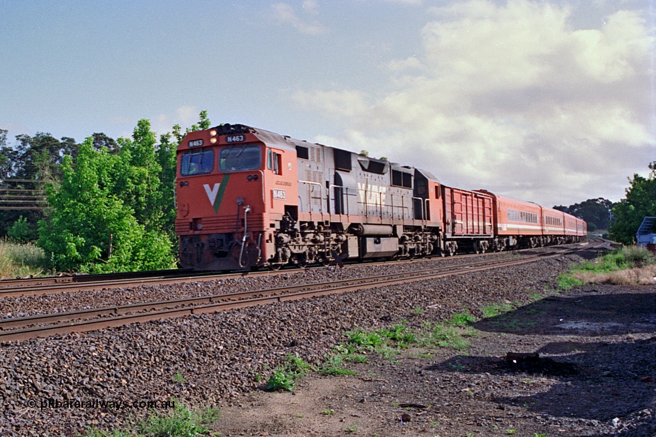 180-06
Seymour, an up broad gauge V/Line Albury passenger train passes the loco depot behind N class N 463 'City of Bendigo' Clyde Engineering EMD model JT22HC-2 serial 86-1192 with D van and Z set in tow, the line in the foreground is the standard gauge line.
Keywords: N-class;N463;Clyde-Engineering-Somerton-Victoria;EMD;JT22HC-2;86-1192;