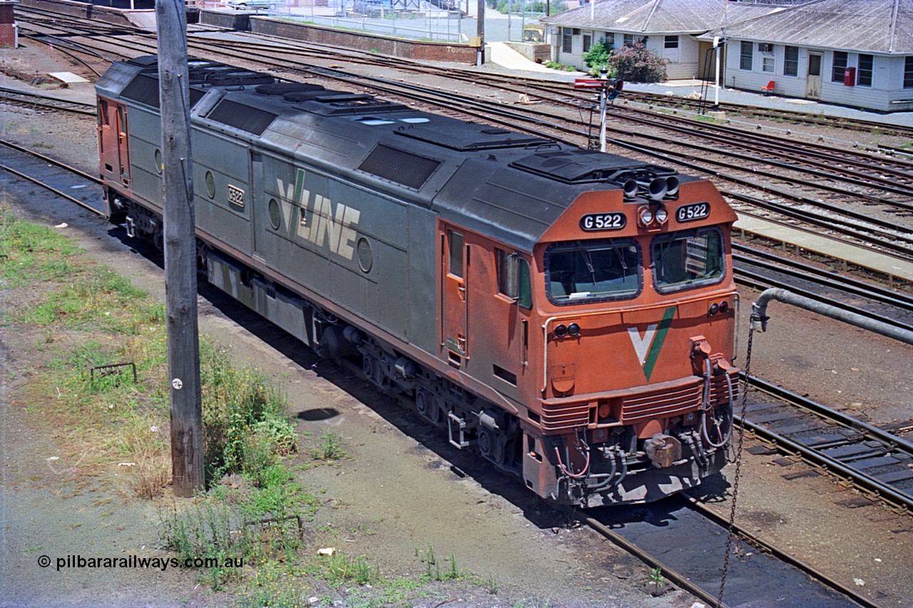 180-16
Albury, NSW, loco depot, V/Line standard gauge G class locomotive G 522 Clyde Engineering EMD model JT26C-2SS serial 86-1235 rests between jobs.
Keywords: G-class;G522;Clyde-Engineering-Rosewater-SA;EMD;JT26C-2SS;86-1235;