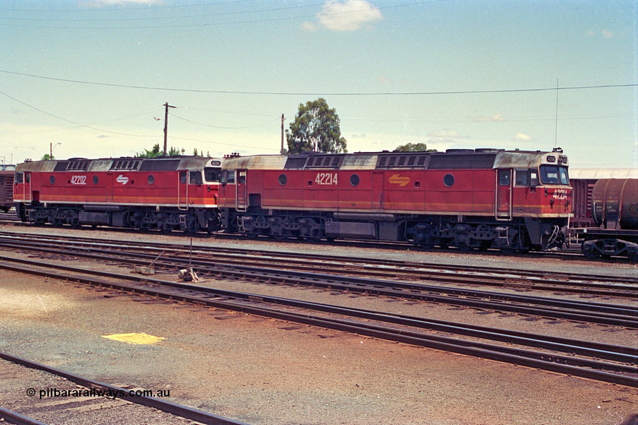 180-20
Albury, NSW, yard view looking across from the depot, two standard gauge NSWSRA 422 class locomotives 42202 Clyde Engineering EMD model J26C serial 69-657 and 42214 serial 69-669.
Keywords: 422-class;42202;42214;Clyde-Engineering-Granville-NSW;EMD;J26C;69-657;69-669;