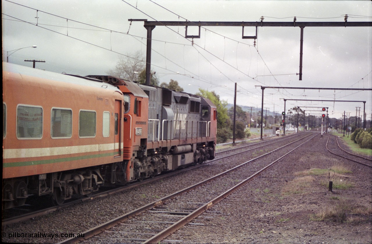 181-02
Trafalgar station, V/Line broad gauge up passenger train consisting of N class N 466 'City of Warrnambool' Clyde Engineering EMD model JT22HC-2 serial 86-1195 and N set departing.
Keywords: N-class;N466;Clyde-Engineering-Somerton-Victoria;EMD;JT22HC-2;86-1195;