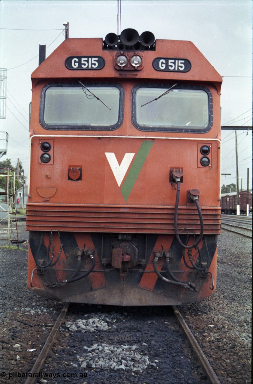 181-15
Traralgon loco depot, V/Line broad gauge loco G class G 515 Clyde Engineering EMD model JT26C-2SS serial 85-1243, cab front view.
Keywords: G-class;G515;Clyde-Engineering-Rosewater-SA;EMD;JT26C-2SS;85-1243;