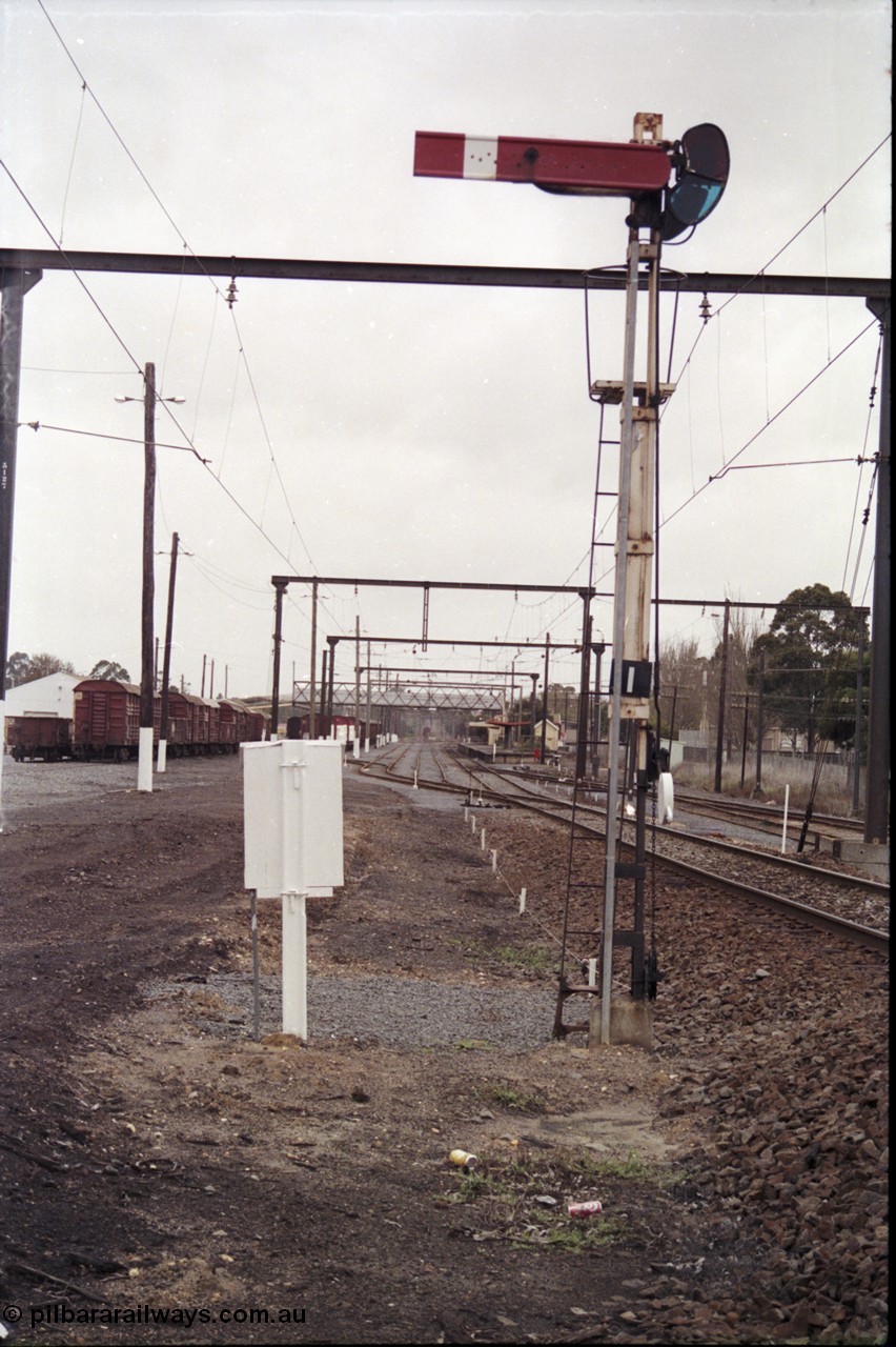 181-25
Traralgon station yard overview looking towards Traralgon from semaphore signal post 1 down home, 6 road yard can still be made out, Sidings C are extreme right.
