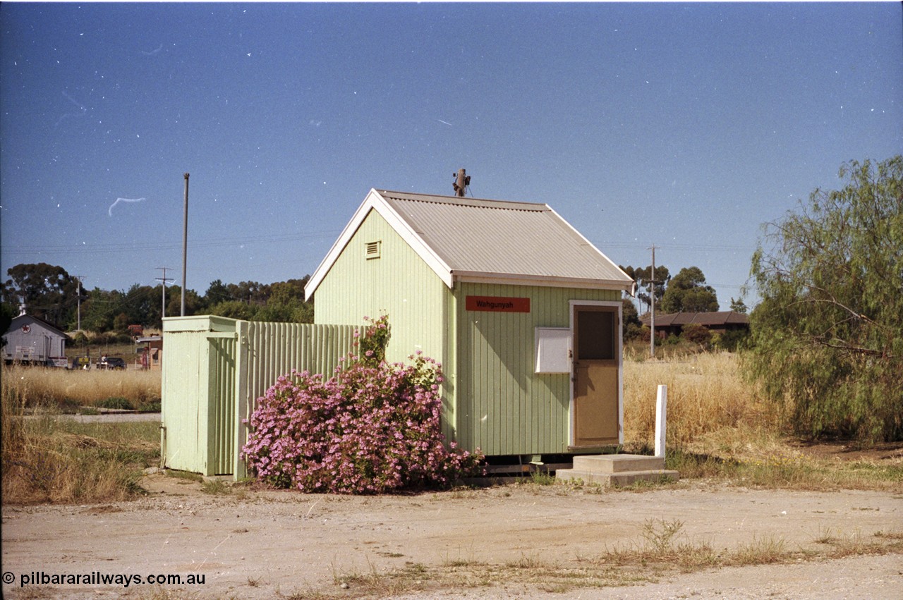 182-01
Wahgunyah, portable type station building, staff hut with ablution block, Caltex depot in the background.
