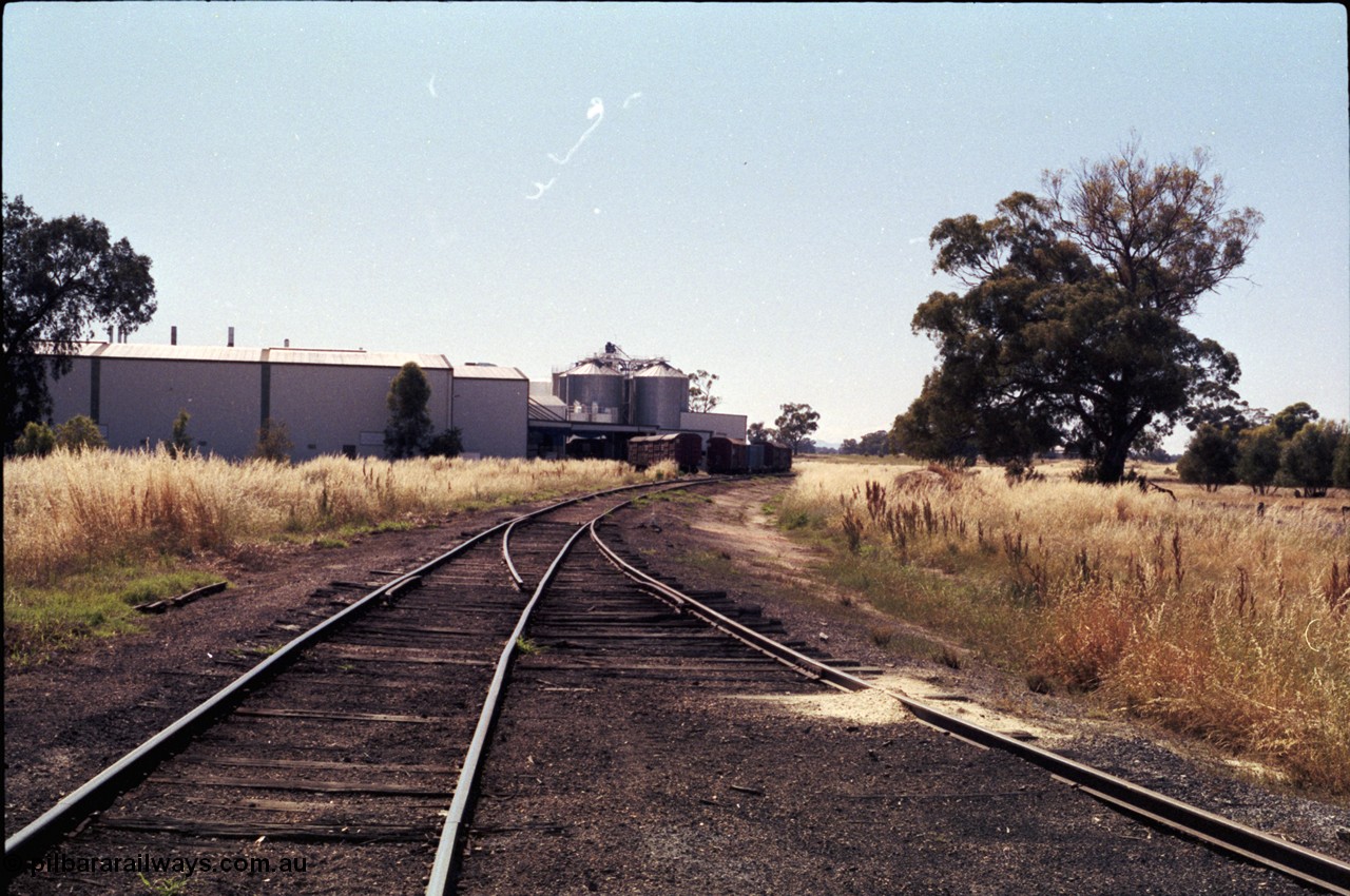 182-06
Wahgunyah, view of mainline looking past redundant points for former Mobil Oil Company Siding to Uncle Tobys plant with bogie waggons, line curves away to the right back to Rutherglen.
