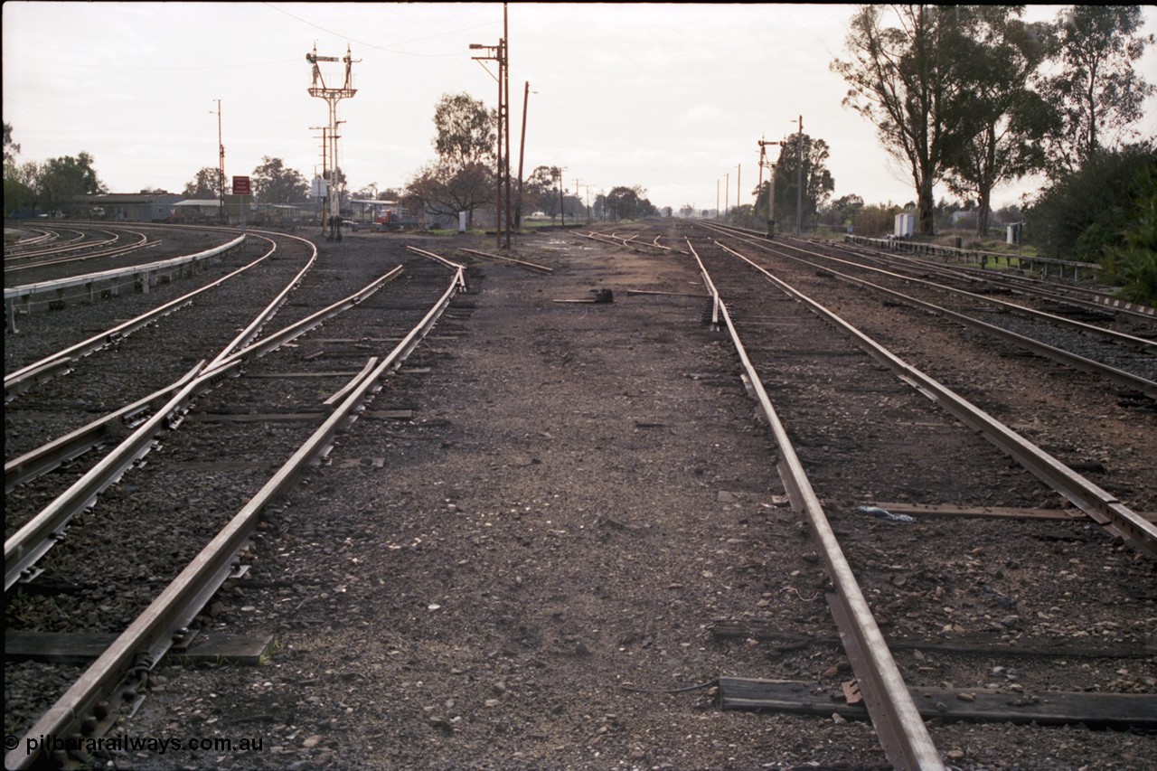 183-19
Benalla yard view with removed rails from the Cattle Yard Siding and Sidings R, looking north, semaphore signal post 29 for the Yarrawonga line visible at left, former Siding Z on the far right.
