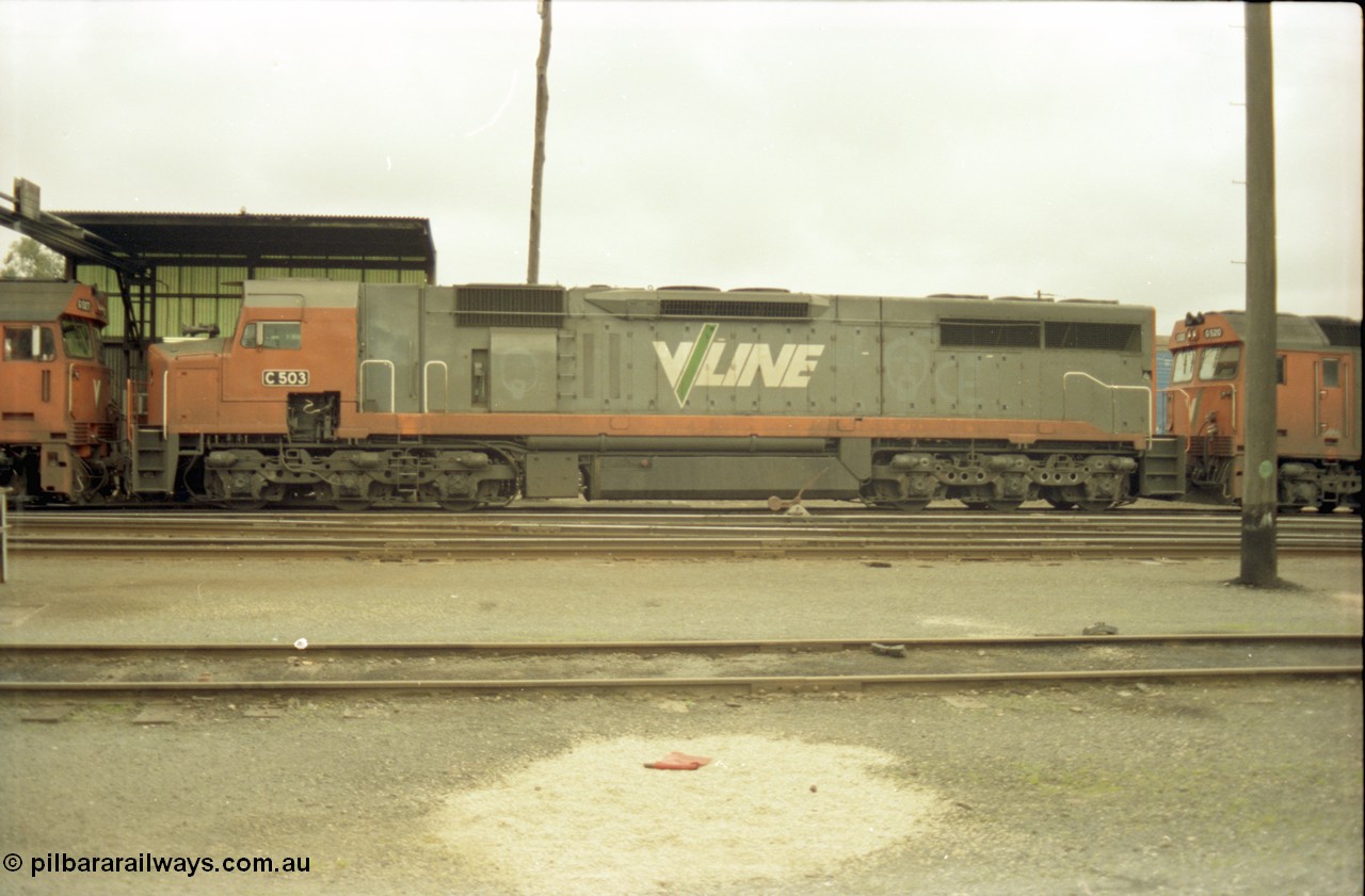 184-13
Albury loco depot fuel point, standard gauge V/Line C class loco C 503 Clyde Engineering EMD model GT26C serial 76-826, side view.
Keywords: C-class;C503;Clyde-Engineering-Rosewater-SA;EMD;GT26C;76-826;