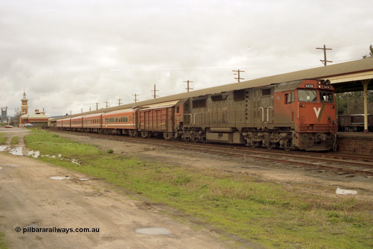 184-18
Albury station broad gauge platform overview, up V/Line passenger train with N class N 474 'City of Traralgon' Clyde Engineering EMD model JT22HC-2 serial 87-1203 D van and N set, station building in background.
Keywords: N-class;N474;Clyde-Engineering-Somerton-Victoria;EMD;JT22HC-2;87-1203;