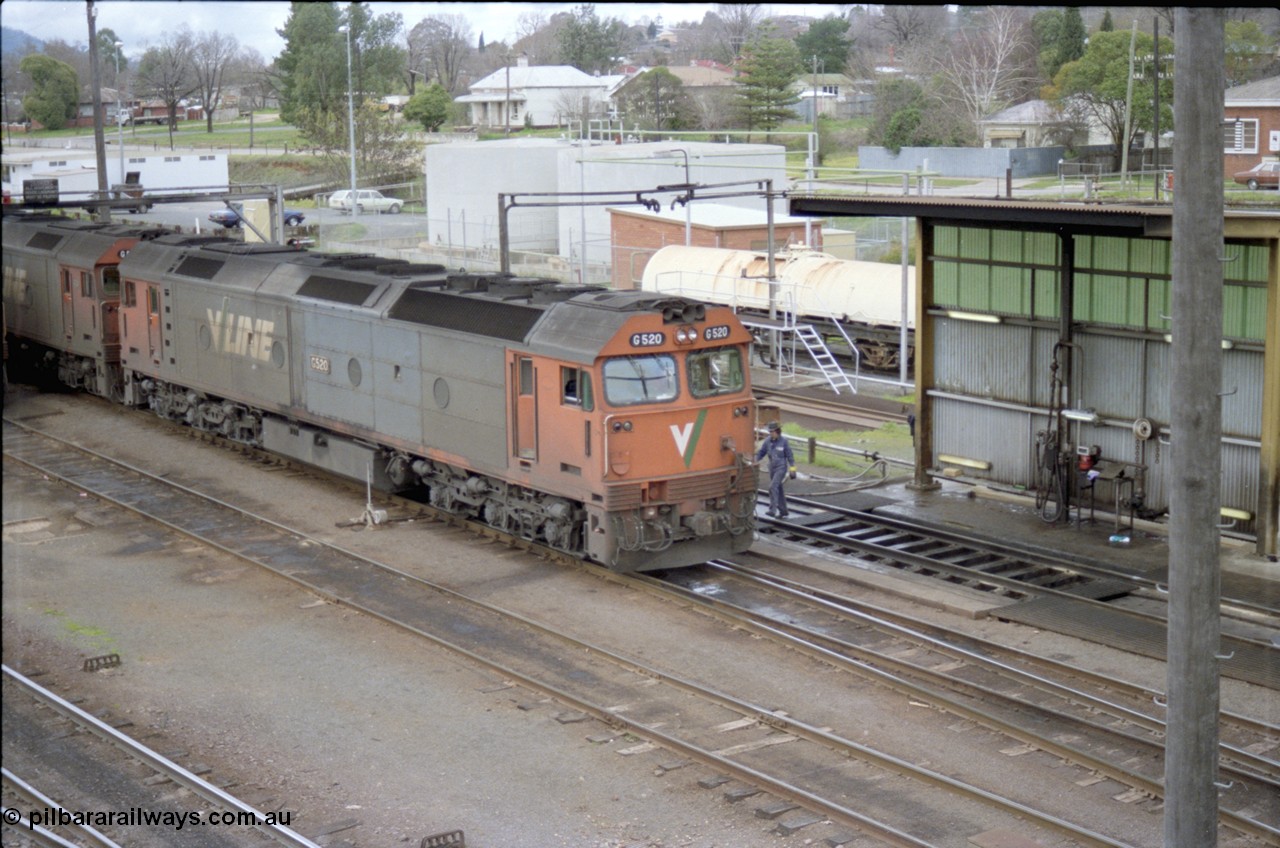 184-23
Albury loco depot, V/Line standard gauge G class G 520 Clyde Engineering EMD model JT26C-2SS serial 85-1233 receives attention at the fuel point, elevated view.
Keywords: G-class;G520;Clyde-Engineering-Rosewater-SA;EMD;JT26C-2SS;85-1233;