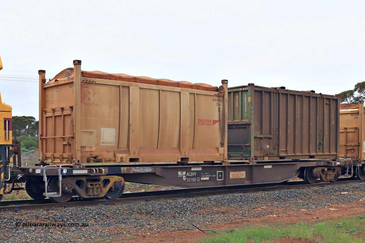 240401 4968
Kalgoorlie, Aurizon's 1029 Malcolm Freighter, waggon AQNY 32160, one of sixty two waggons built by Goninan WA in 1998 as the WQN type for Murrin Murrin container traffic, fitted with manual twist locks and loaded with a 20' Bis Deliver Every Day 25UA type container BICN 104900[0] and a 20' 25U0 type container BISU 100009[1]. 1st of April 2024.
Keywords: AQNY-type;AQNY32160;Goninan-WA;WQN-type;