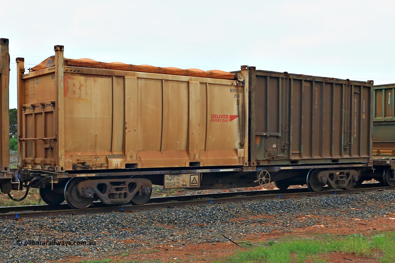 240401 4970
Kalgoorlie, Aurizon's 1029 Malcolm Freighter, waggon AQIY 00020 loaded with two 20' sulphur containers, a Bis Deliver Every Day 25UA type BICN 105100[7] and a 25U0 type BISU 100076[4]. The AQIY were originally built as the CQYY but CFCLA did not buy them, Bradken then stored them as KQYY. When Aurizon bought them they had the handbrake relocated to the middle of the waggon from the end. 1st of April 2024.
Keywords: AQIY-type;AQIY00020;Bradken;CQYY-type;KQYY-type;