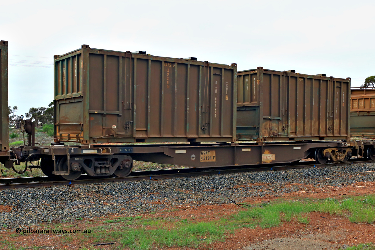 240401 4971
Kalgoorlie, Aurizon's 1029 Malcolm Freighter, waggon AQNY 32196, one of sixty two waggons built by Goninan WA in 1998 as the WQN type for Murrin Murrin container traffic loaded with two 20' hard top 25U0 type sulphur containers BISU 100033[7] and BISU 100074[7]. 1st of April 2024.
Keywords: AQNY-type;AQNY32196;Goninan-WA;WQN-type;