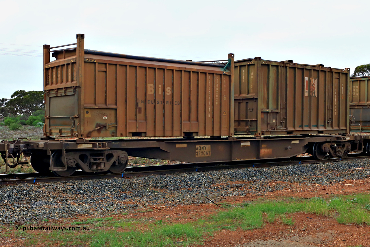 240401 4972
Kalgoorlie, Aurizon's 1029 Malcolm Freighter, waggon AQNY 32206, one of sixty two waggons built by Goninan WA in 1998 as the WQN type for Murrin Murrin container traffic loaded with two 20' sulphur containers, a 55UA roll top Bis Industries SBIU 200628[8] and a 25U0 hard top Bis Industries BISU 100113[8]. 1st of April 2024.
Keywords: AQNY-type;AQNY32206;Goninan-WA;WQN-type;