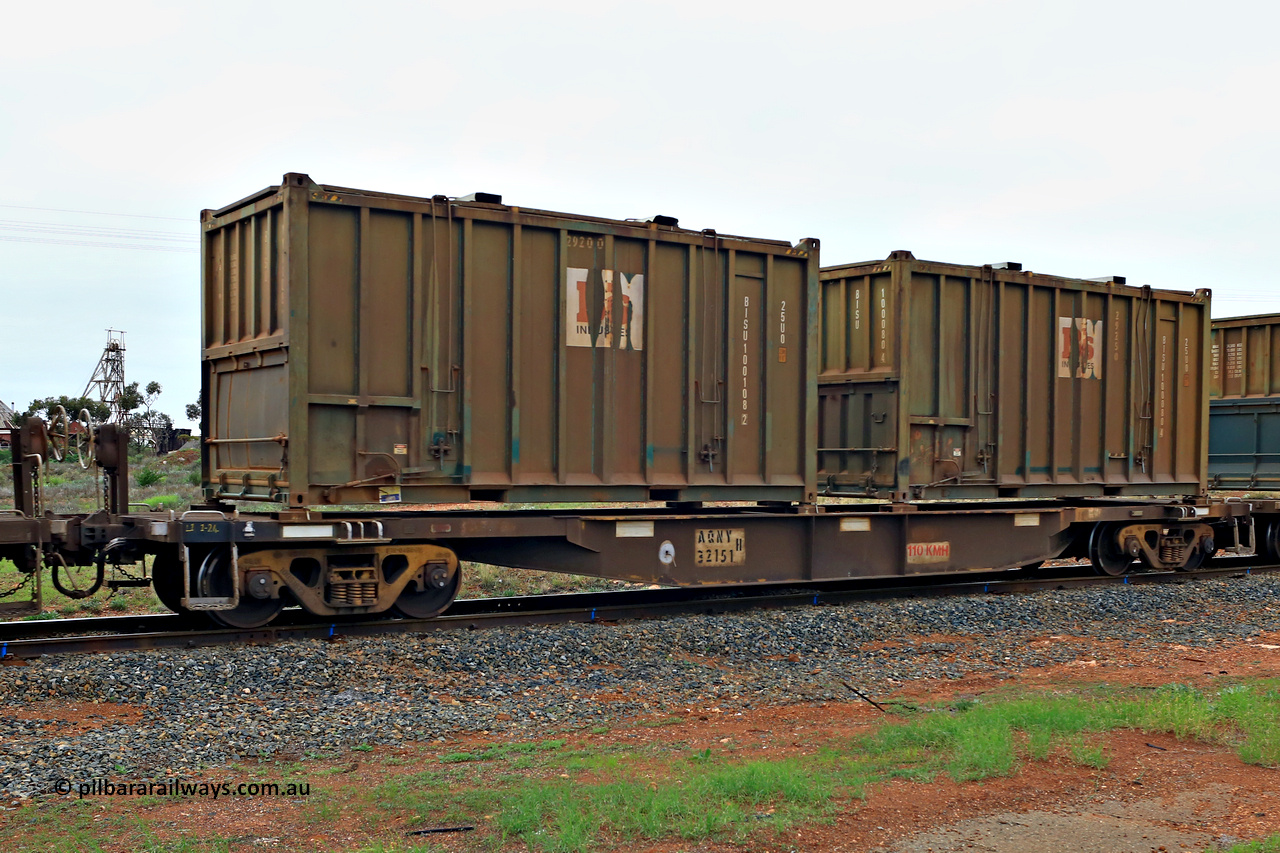 240401 4973
Kalgoorlie, Aurizon's 1029 Malcolm Freighter, waggon AQNY 32151, type leader of sixty two waggons built by Goninan WA in 1998 as WQN type for Murrin Murrin container traffic loaded with two 20' 25U0 hard top Bis Industries sulphur containers BISU 100108[2] and BISU 100080[4]. 1st of April 2024.
Keywords: AQNY-type;AQNY32151;Goninan-WA;WQN-type;