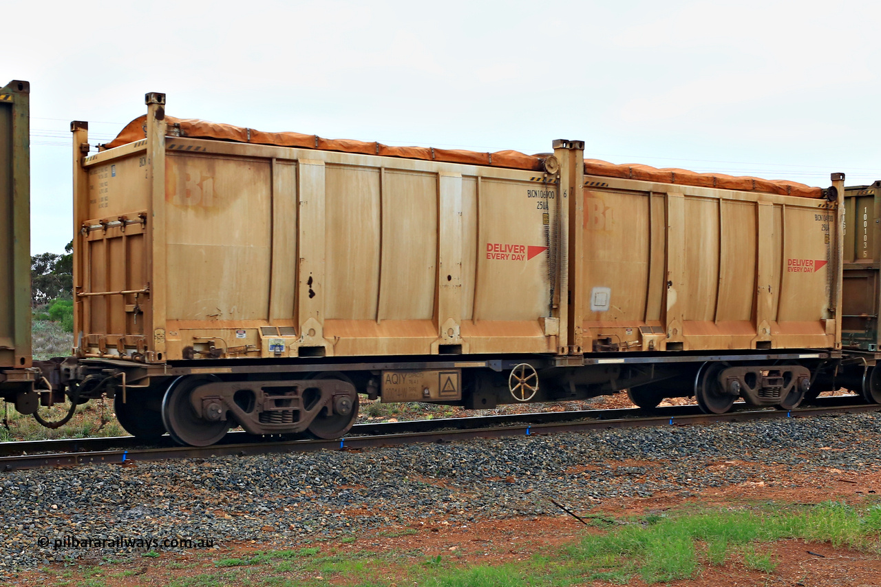 240401 4976
Kalgoorlie, Aurizon's 1029 Malcolm Freighter, waggon AQIY 00014 loaded with two 20' 25UA type roll top sulphur containers Bis Deliver Every Day BICN 106900[6] and BICN 104700[7]. The AQIY were originally built as the CQYY but CFCLA did not buy them, Bradken then stored them as KQYY. When Aurizon bought them they had the handbrake relocated to the middle of the waggon from the end. 1st of April 2024.
Keywords: AQIY-type;AQIY00014;Bradken;CQYY-type;KQYY-type;