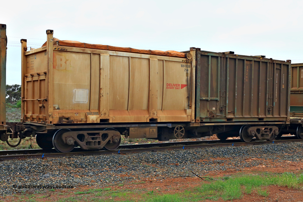 240401 4978
Kalgoorlie, Aurizon's 1029 Malcolm Freighter, waggon AQIY 00016 loaded with two 20' sulphur containers, a 25UA type roll top Bis Deliver Every Day BICN 108300[4] and a 25U0 type hard top BISU 100067[7]. The AQIY were originally built as the CQYY but CFCLA did not buy them, Bradken then stored them as KQYY. When Aurizon bought them they had the handbrake relocated to the middle of the waggon from the end. 1st of April 2024.
Keywords: AQIY-type;AQIY00016;Bradken;CQYY-type;KQYY-type;