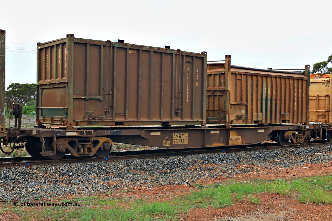 240401 4979
Kalgoorlie, Aurizon's 1029 Malcolm Freighter, waggon AQNY 32178, one of sixty two waggons built by Goninan WA in 1998 as the WQN type for Murrin Murrin container traffic loaded with two 20' sulphur containers, a 25U0 type hard top BISU 100025[5] and a 55UA roll top Bis Industries SBIU 200634[9]. 1st of April 2024.
Keywords: AQNY-type;AQNY32178;Goninan-WA;WQN-type;